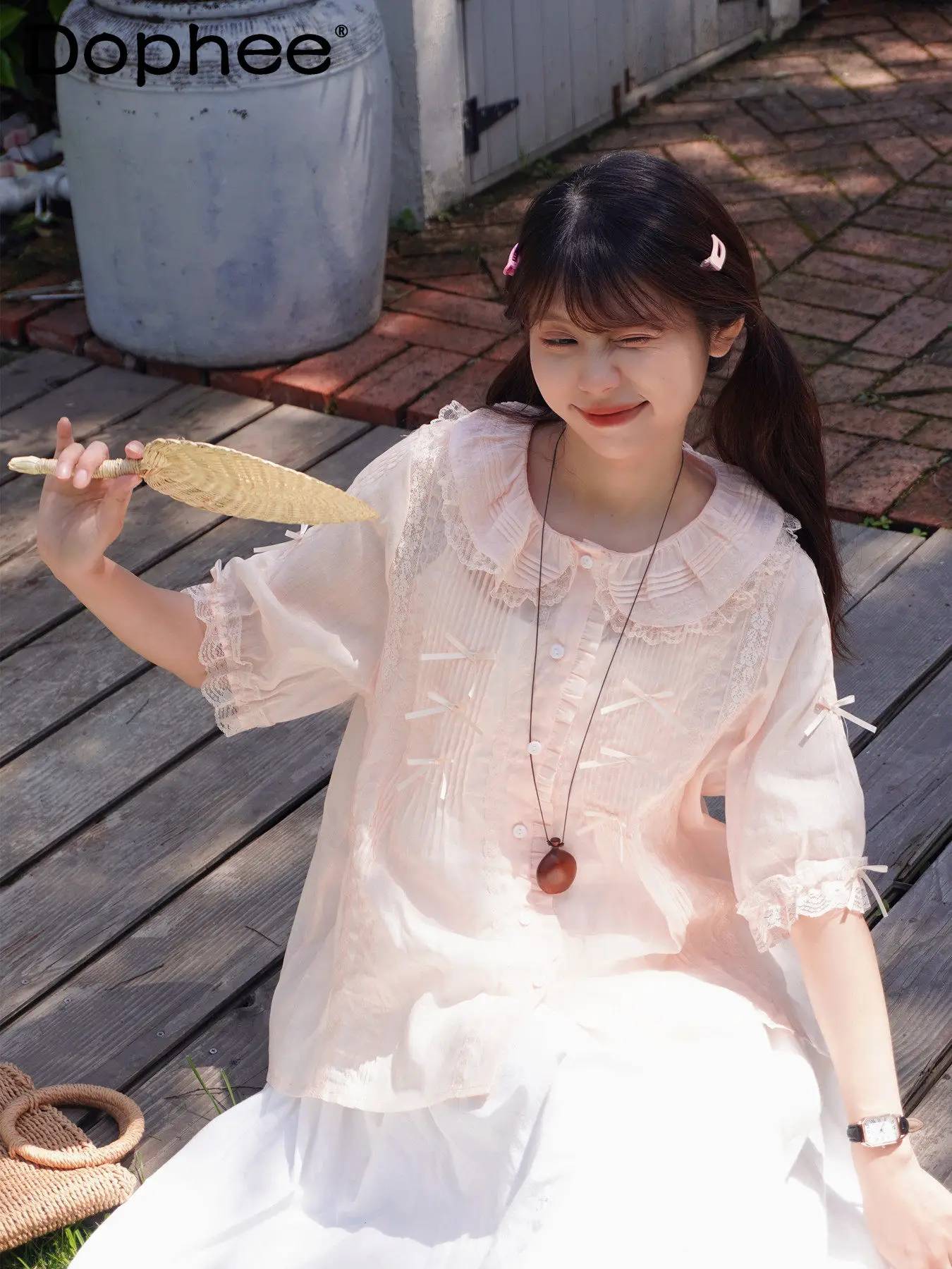

Mori retro Japanese cute doll feeling girl lace doll collar shirt 2026 summer loose doll collar short sleeve shirt top
