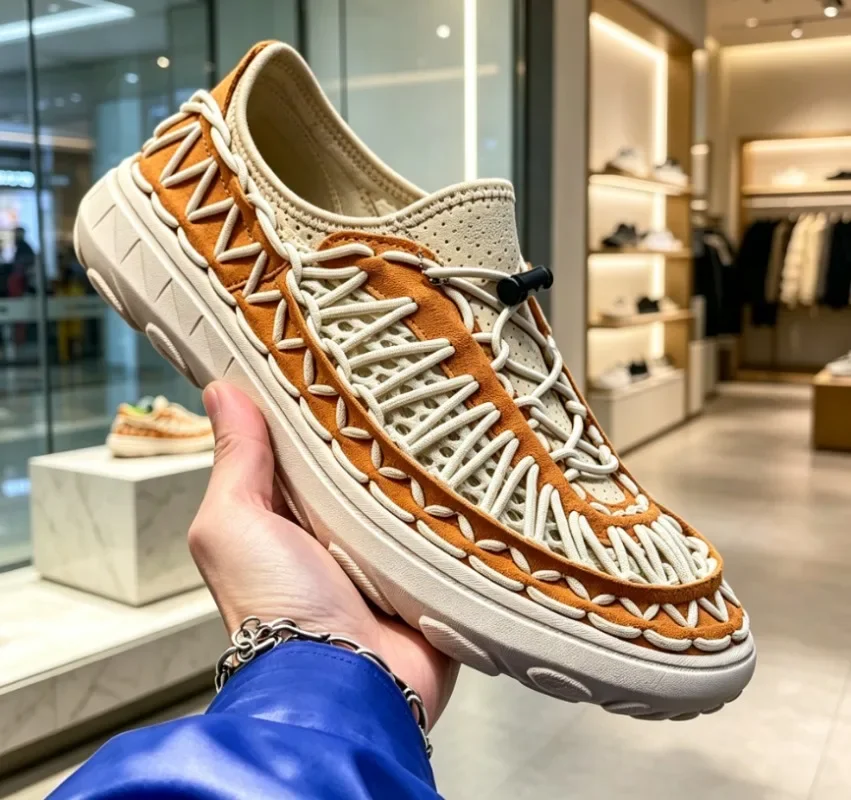 Men Women Summer High Top Cow Suede Shoes Woven Stretch Deerskin Lining Durable Rubber Natural Casual Walking Shoes