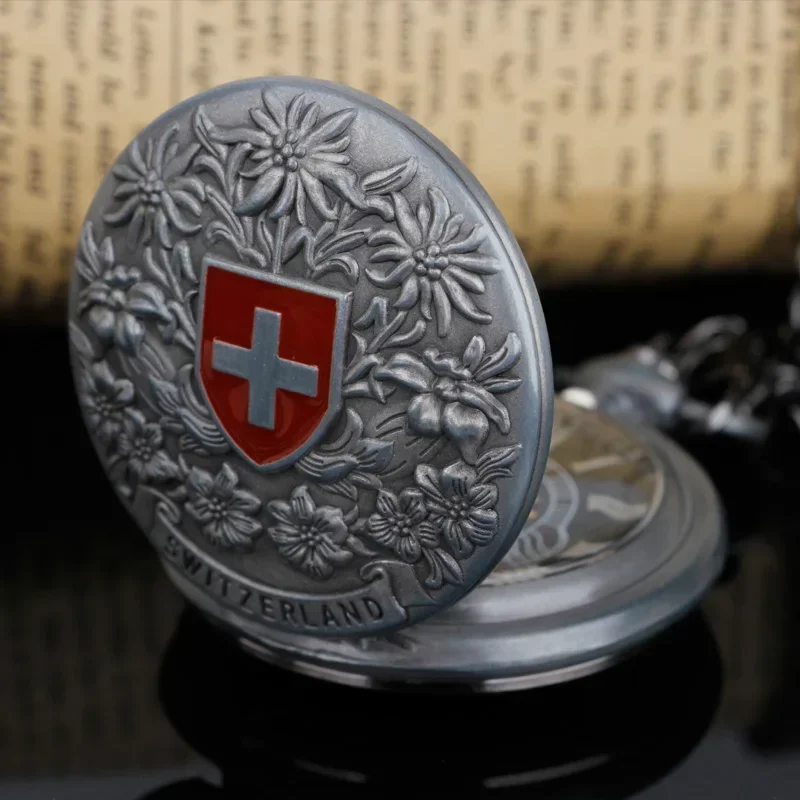 Antique Red cross Hollow Hand Wind Mechanical Pocket Watch Men's and Women Grey  Tone for Birthday Gift PJX1020