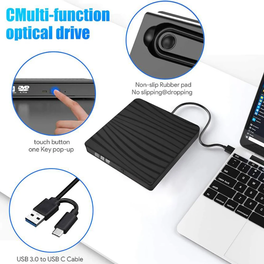 USB 3.0 Type C Portable DVD CD+/-RW External Burner Optical Drive ROM Disk Reader For Laptop PC Desktop MacBook iMac Windows11