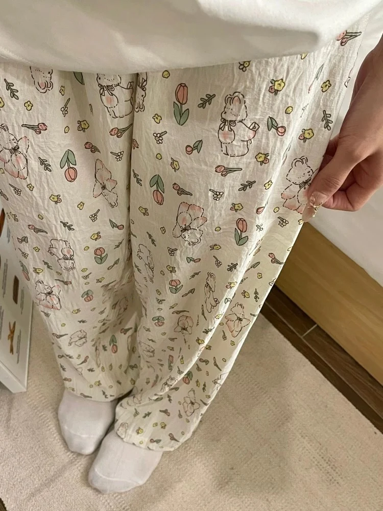 

Удобные повседневные домашние брюки с мультяшным принтом для девочек, летние дышащие длинные брюки для дома и улицы, для активного отдыха