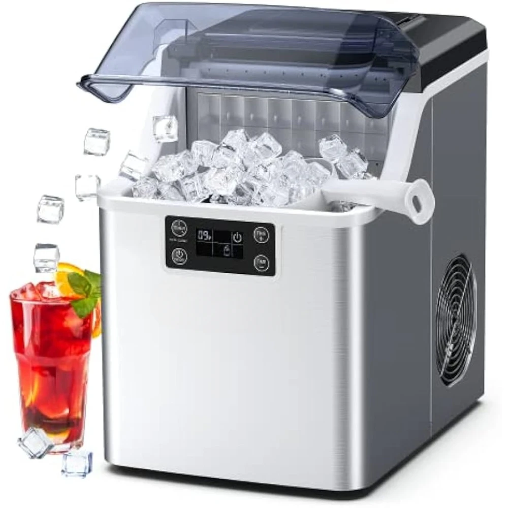 Table top ice maker, weighing 45 pounds per day, ready with 13 cubes in 24 minutes, stainless steel casing, ice bag and spoon