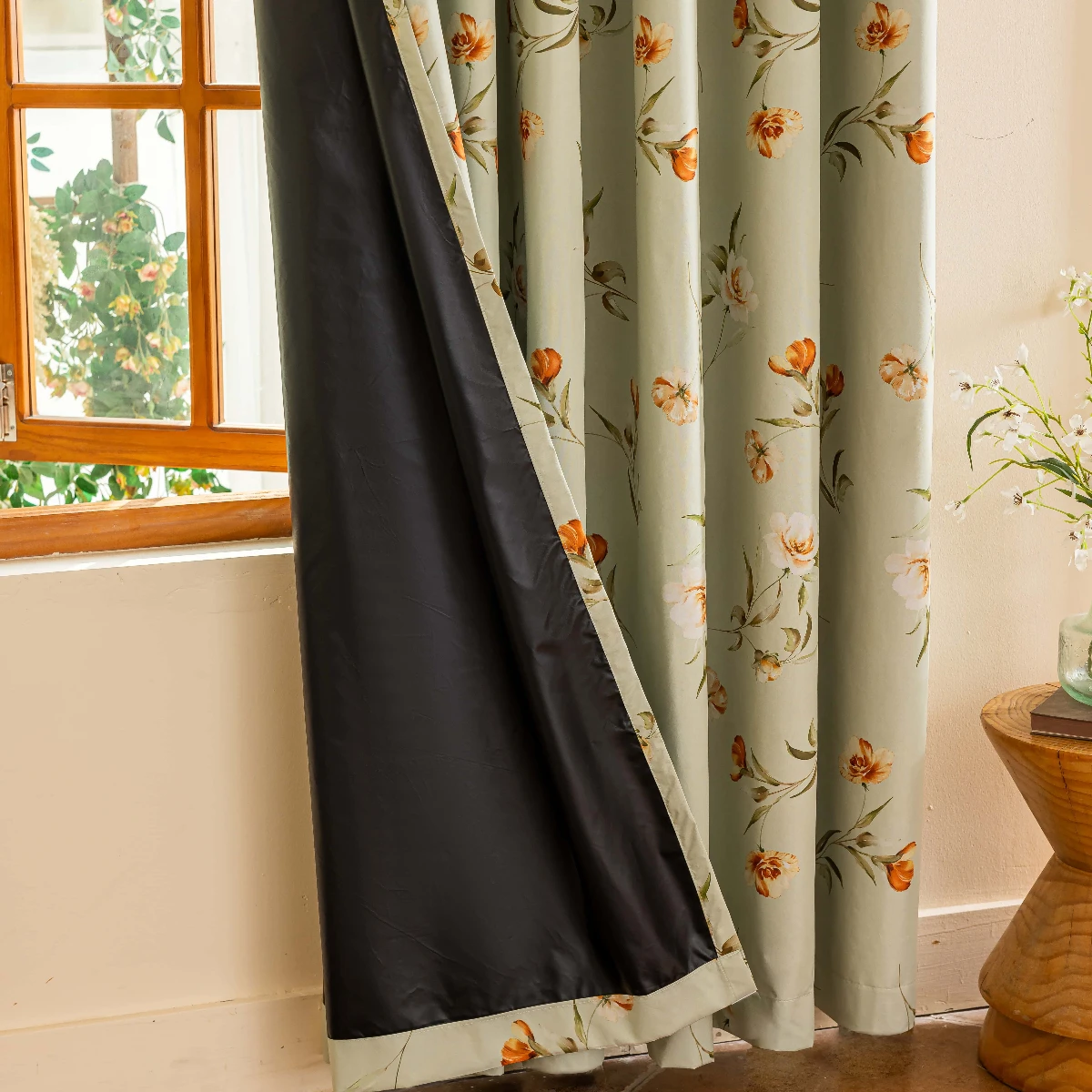 1 Piece of New Laminated Light Green Background Curtain with Small Yellow Flower Print, 100% Blackout Fabric for Home Use, Blackout and Heat-Insulating Thickened Curtain, Decorative Rod-Pole Curtains for Living Room, Bedroom, Study
