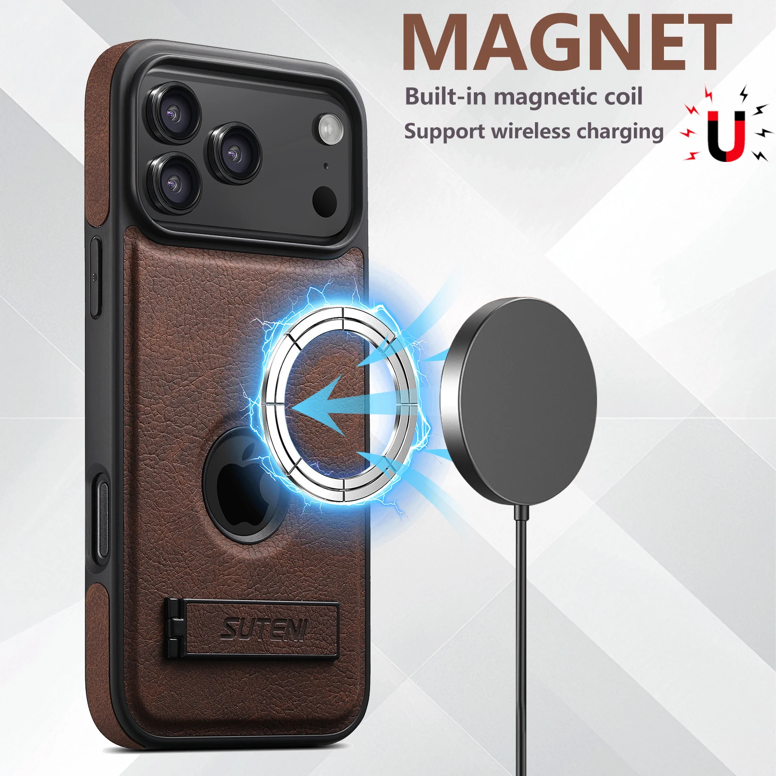 Luksusowe etui na telefon z imitacji skóry do iPhone 18 17 Pro Max 16 15 14 13 12, matowe w dotyku, z funkcją podstawki, magnetyczne, kompatybilne z bezprzewodowym ładowaniem. — zdjęcie produktu 4