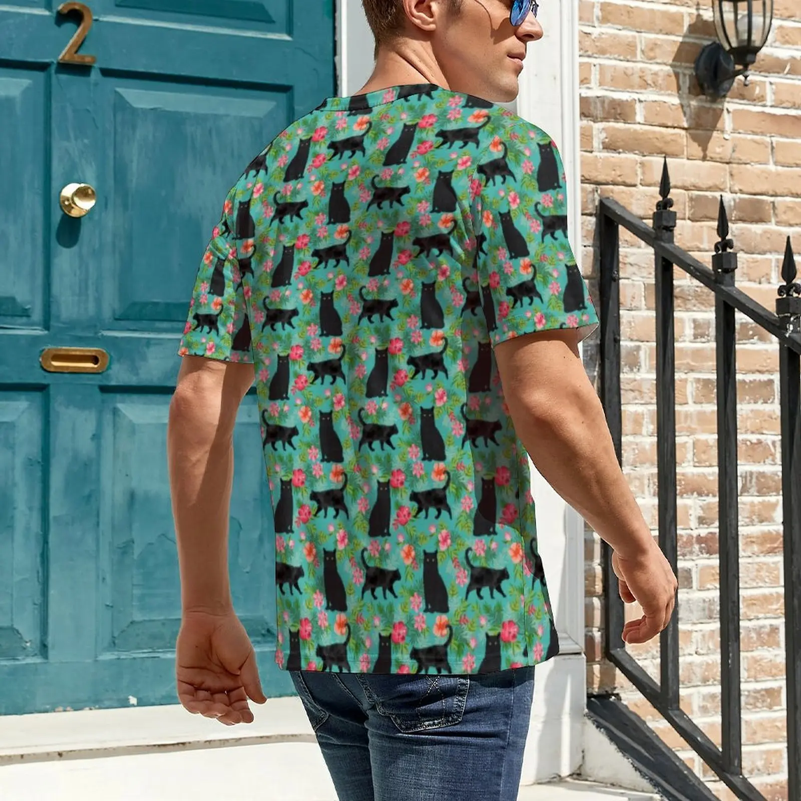 Mens Black Cat T-Shirt Hawaiian Print Harajuku T-Shirts Short-Sleeved Printed Tops Dropshipping Summer Funny Oversized Clothing