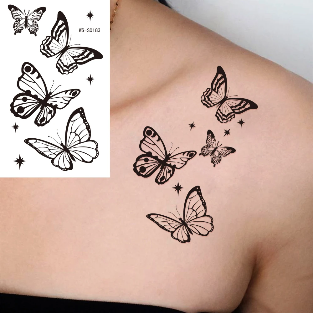30/35 pièces autocollants de tatouage papillon/fleur noir lettre, ligne géométrique, tatouage temporaire Floral pour femmes hommes corps bras pied décalcomanies