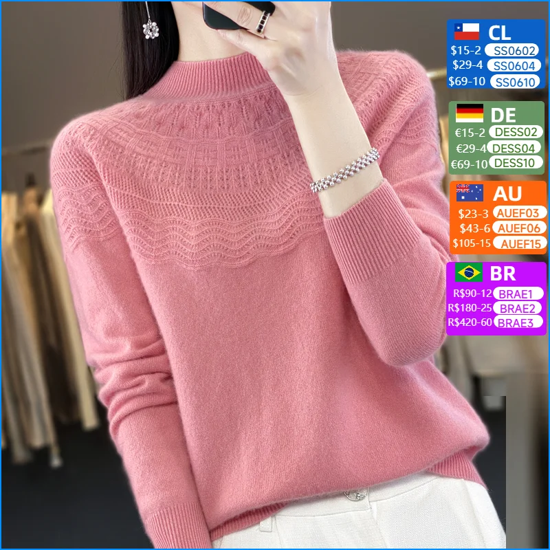 

Autumn Winter New Women 100% Merino Wool Pullover Mock-neck Basic Sweater Hollow Solid Cashmere Knitwear Female Bottoming Shirt