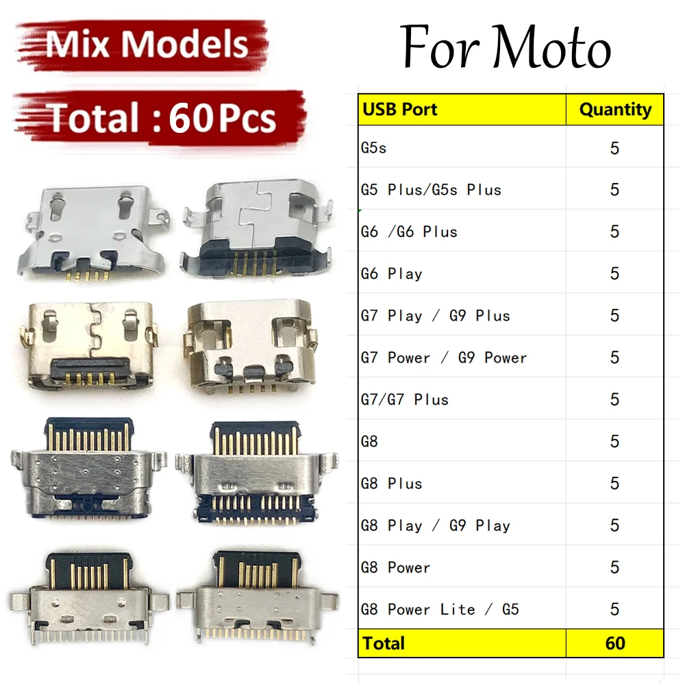 60Pcs, Charger Micro USB Charging Port Dock Connector Socket For Moto G5 G5s G6 G7 G8 G9 Plus Play Power lite