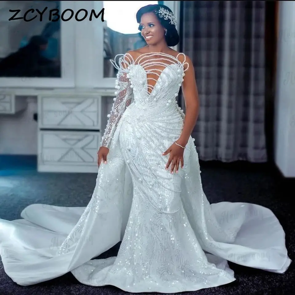 

Luxurious Beaded Mermaid Wedding Dresses 2025 With Detachable Court Train Beading Tulle Bridal Gowns For Europe African Women