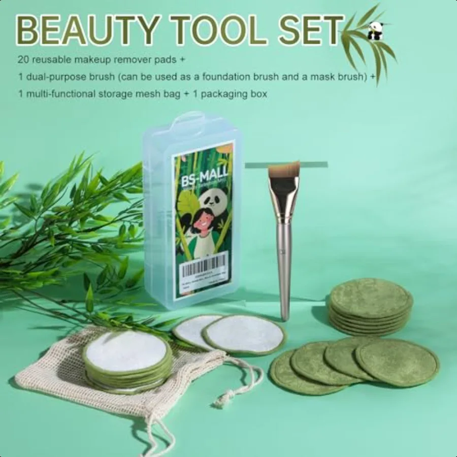 優しい再利用可能なコットンラウンド、顔と目のメイク落としパッド20枚入り、フェイスマスクブラシ、ファンデーションブラシ、多機能トラベル用
