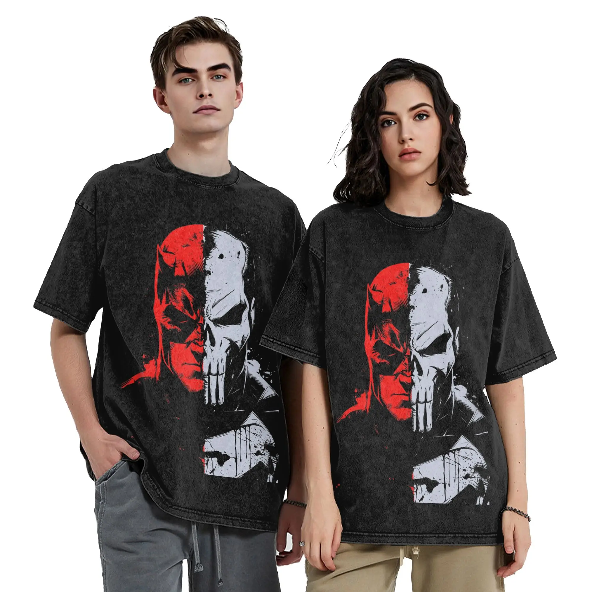 Harajuku Daredevil Punisher CALM AND CHAOS  DD TP Face Washed Tshirts Men O-neck Short Sleeve Tops  100%Cotton Summer Top Tee