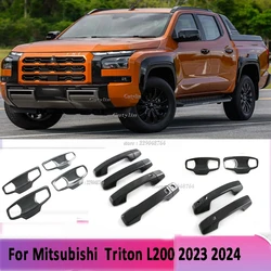 For Mitsubishi Triton L200 2024 ABS carbon Door Handle Bowl Cover Cup Cavity Trim Insert Catch Molding Garnish Car Accessories