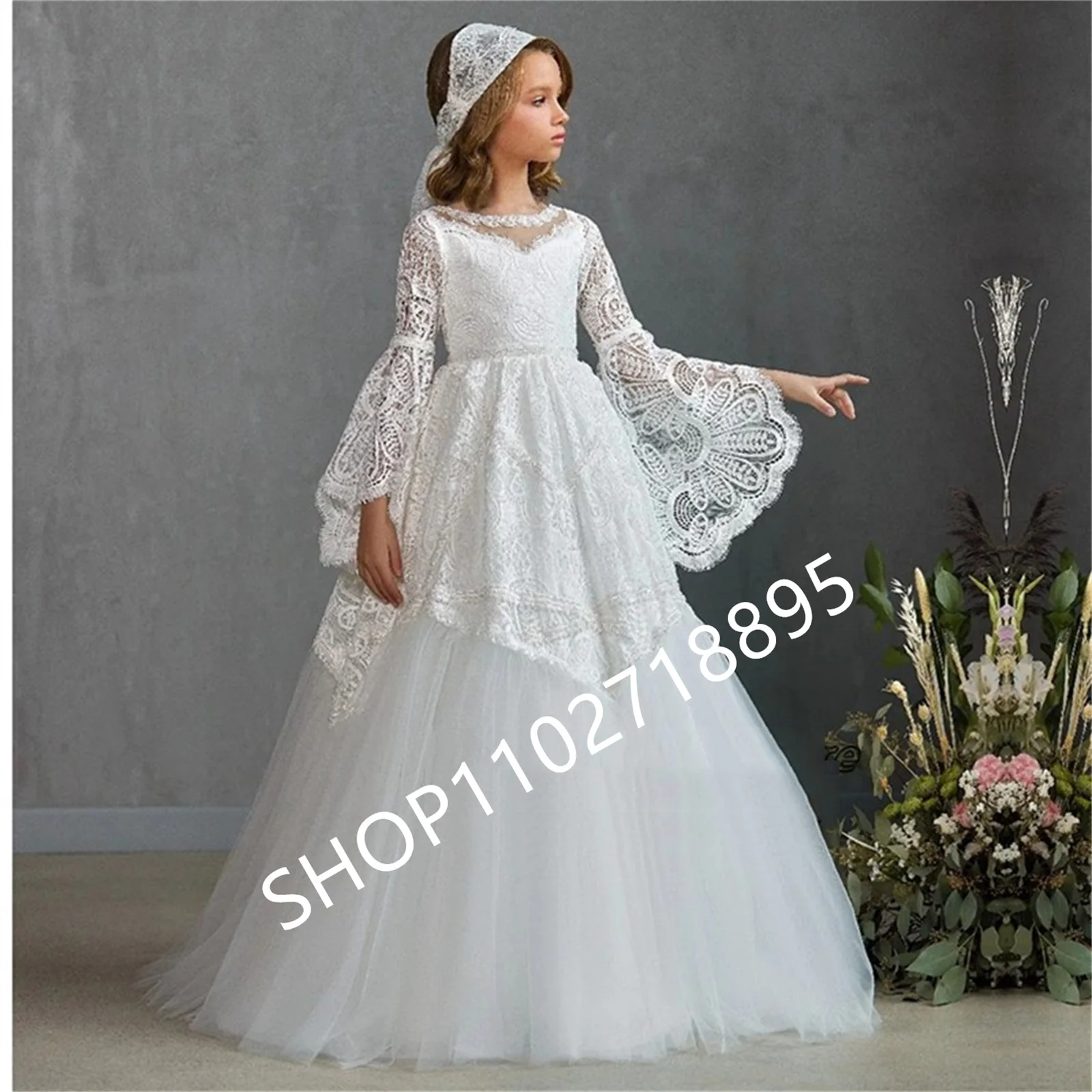 

Elegant Long Flore Sleeve Wedding Party Formal Occasion Lace Flower Girl Dress