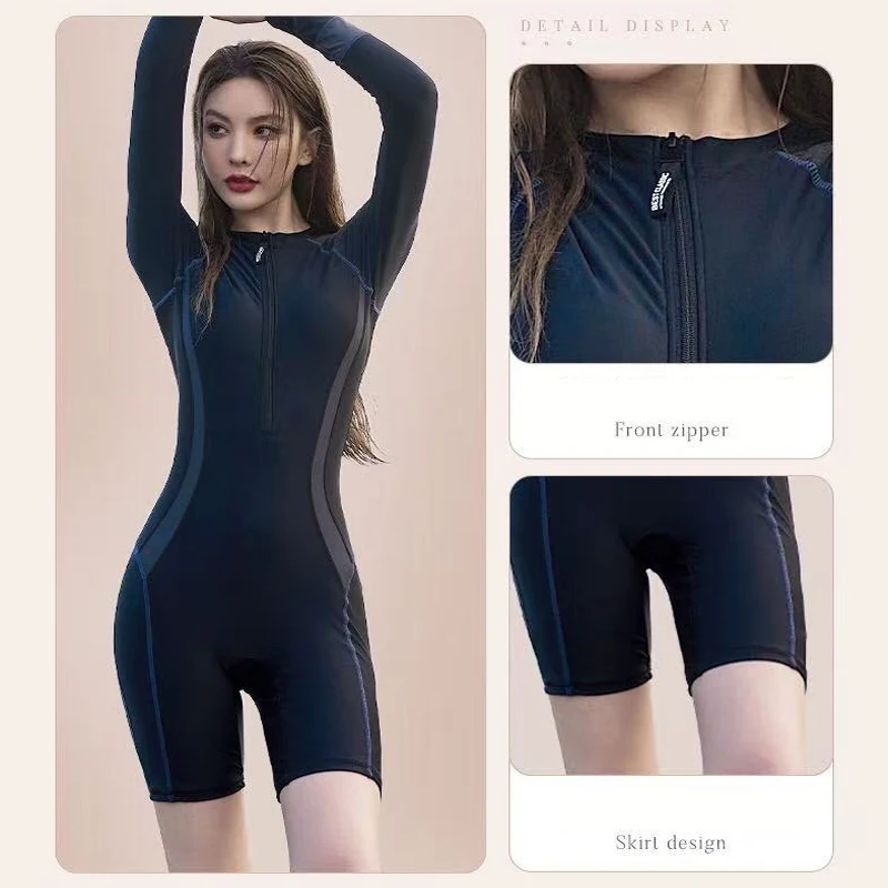 ผู้หญิงBuilt-In BraแขนยาวOne- Pieceชุดว่ายน้ําชุดอนุรักษ์นิยมSlimmingสําหรับท่องHot Springสระว่ายน้ําสระว่ายน้ําชายหาดชุดว่ายน้ํา