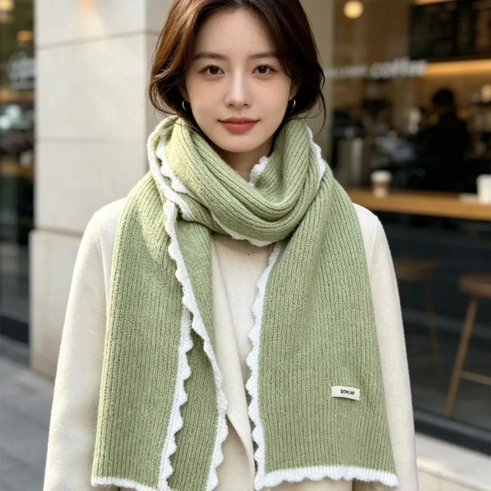 Thick Knitted Knitted Scarf Korean Design Warm Lock Edge Winter Scarf Coldproof Fabric Long Length Contrast Scarf For Students