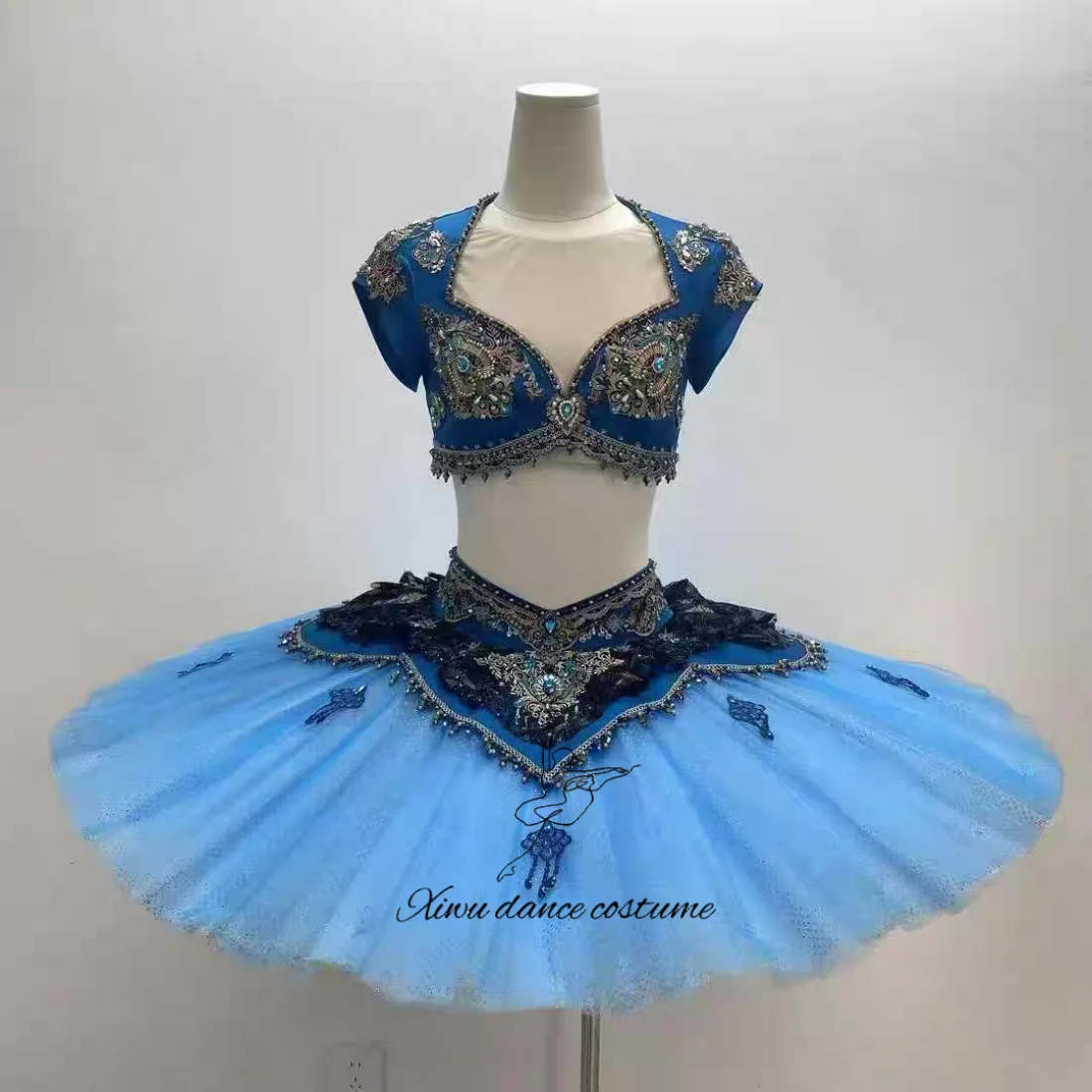 Costume de spectacle de ballet, haut bleu foncé, jupe Tutu bleu clair