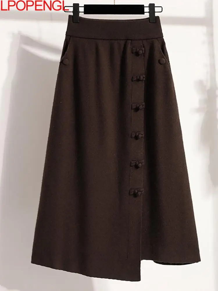 

Модная осенне-зимняя однотонная нерегулярная юбка трапециевидной формы, женская ретро-пряжка, новая трикотажная юбка до щиколотки в китайском стиле