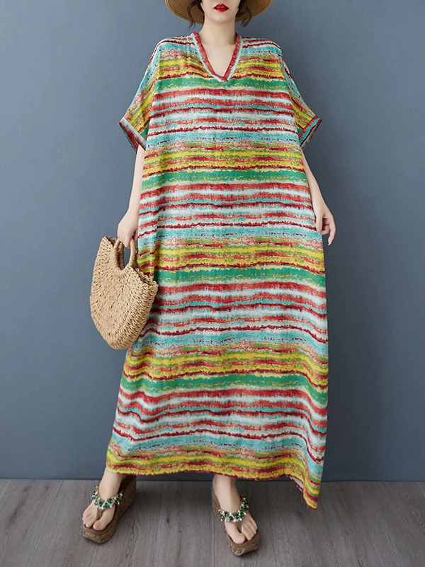 レトロなコットンリネンロングドレス、Vネック、花柄プリント、夏の旅行、カジュアル、ゆったりとしたウエスト、オルトスヴェ、Hシェイプ、Aラインドレス