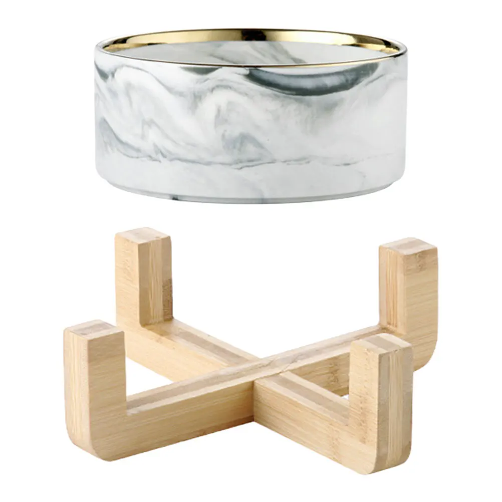 

Marble Cat Bowl Wooden Stand Ceramic Dog Feeder Durable Nordic Style Rice Water Pasta Soup Pet Supplies Kitchen Barware