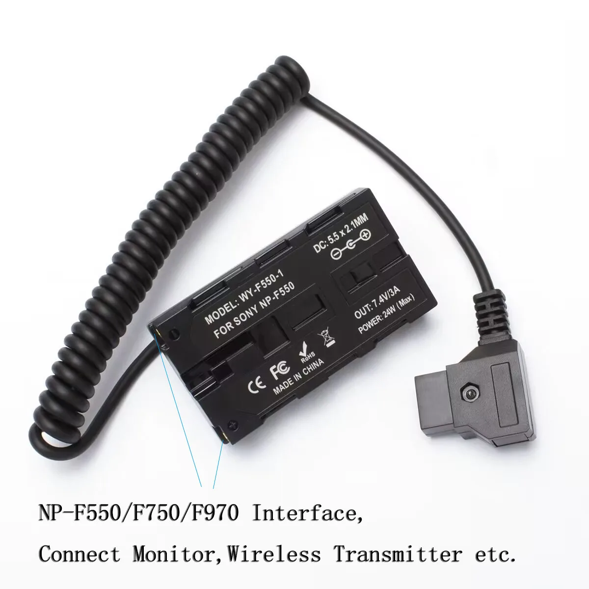 PyroGraphy D-tap to Sony NP-F550/F750/F970 Dummy Battery with 7.4V DC5521 Output Port NP-F Battery Interface Dual Pass Converter