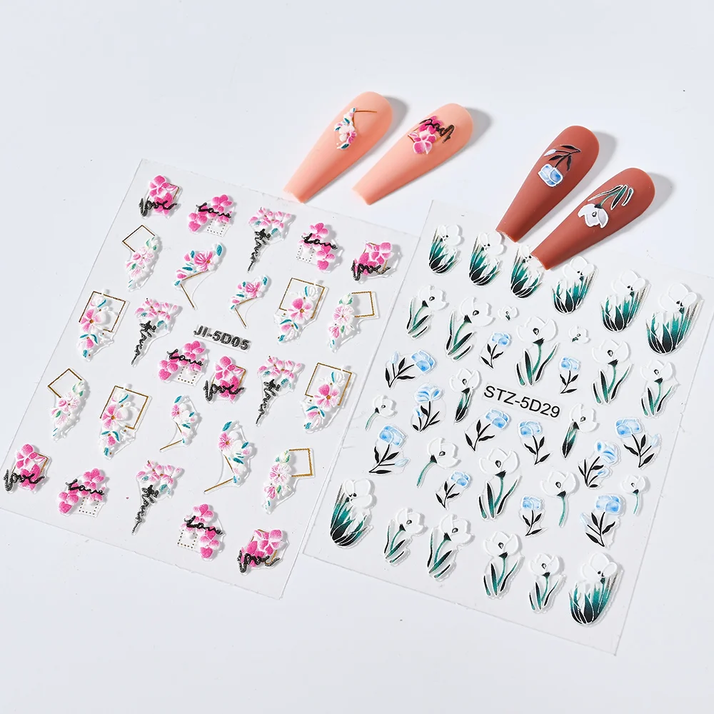 5D Pflaumenblüten-Nagelaufkleber, Blätter, Schieber, geprägte Braut-Nagelkunst-Abziehbilder, kleine Blumen-Design, selbstklebende Nagelschieber aus Acryl