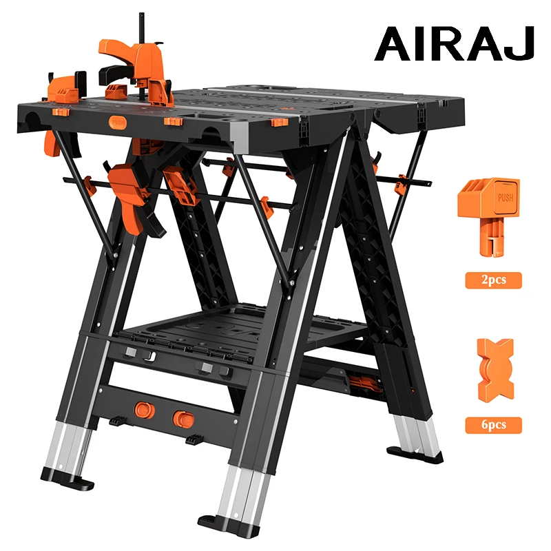 AIRAJ 2-in-1 Folding Carpenter Work Table Woodworking Portable Folding Table Tool Storage Stand Workbench Sawhorse with Clamps