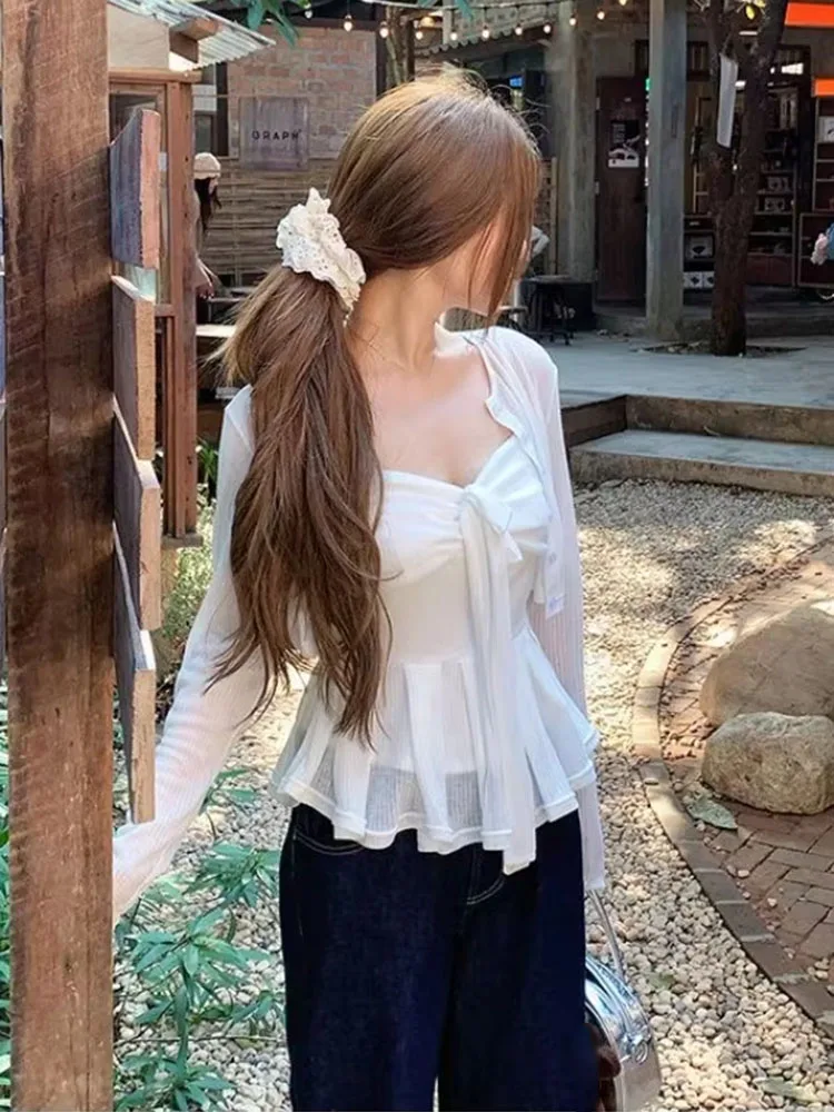 Spring Autumn New Long Sleeve White Cardigan Coat Women+ Sexy Slim Fit Strapless Camisole Vest 2025 New Two Piece Sets