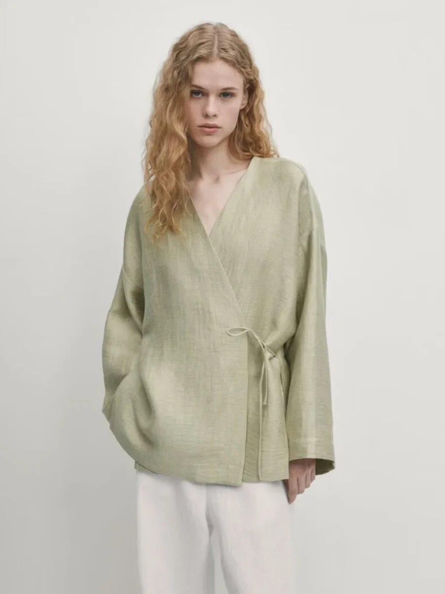 

New Chinese Sle Light een Long Sve V-Ne irt Women's Faion Spring Summer Breathable Belted Slim Fit Commute irt