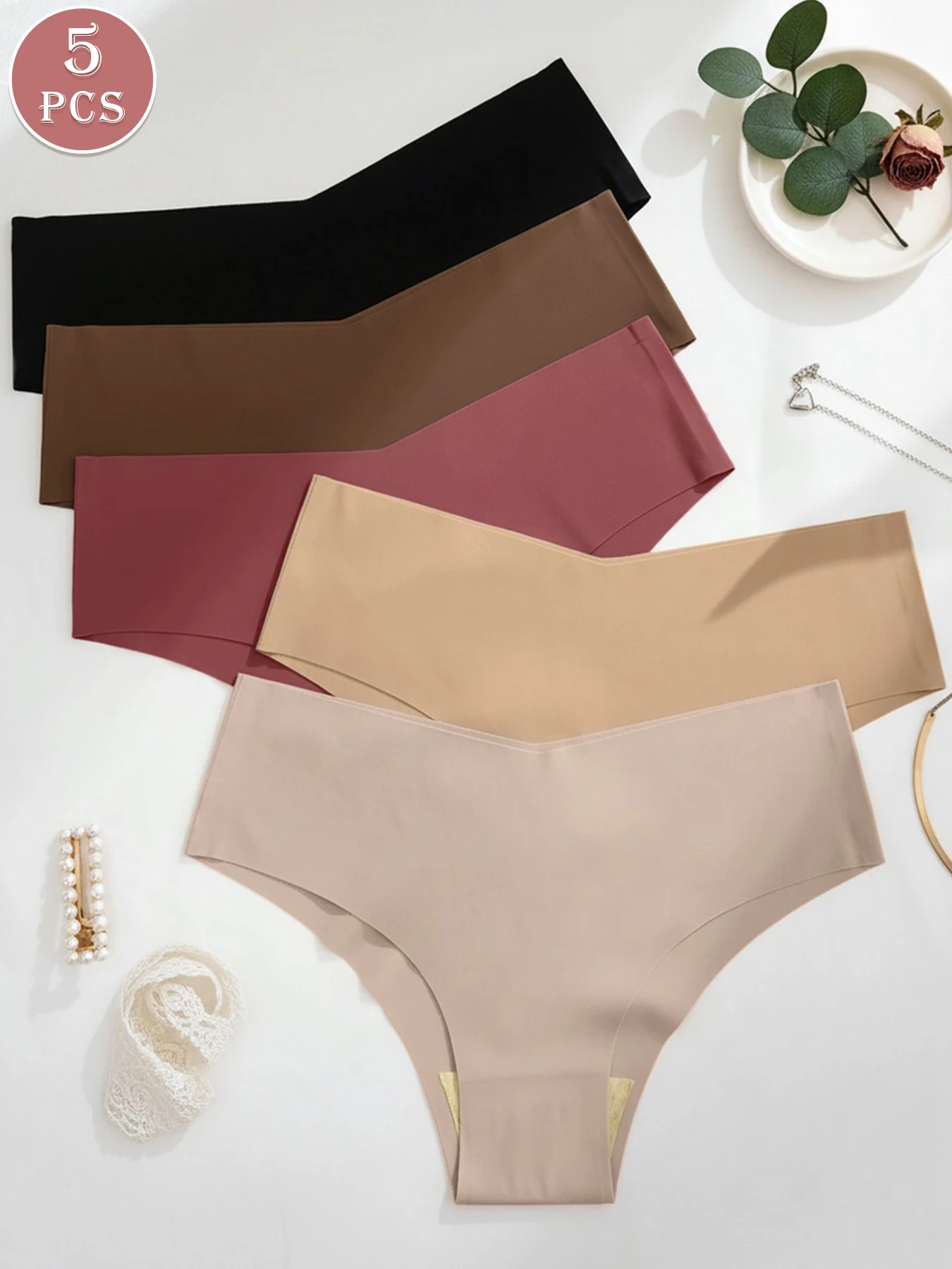5-teiliges Set Damen-Slips mit niedrigem Bund, nahtlos, einfarbig, unsichtbare Komfortunterwäsche – Detail 2