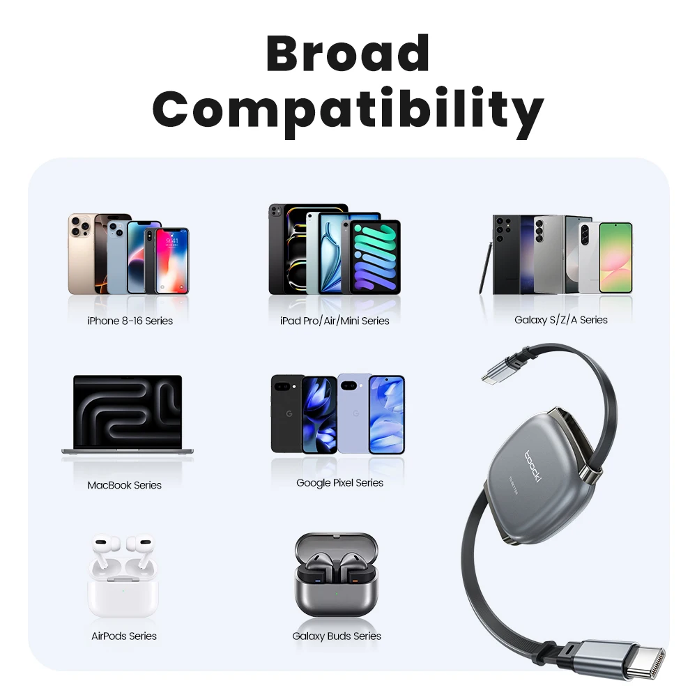 Toocki PD 100 واط USB كابل قابل للسحب نوع C إلى نوع C كابل شحن سريع آيفون 15 16 برو ماكس Xiaomi12 13 سامسونج S23 S24