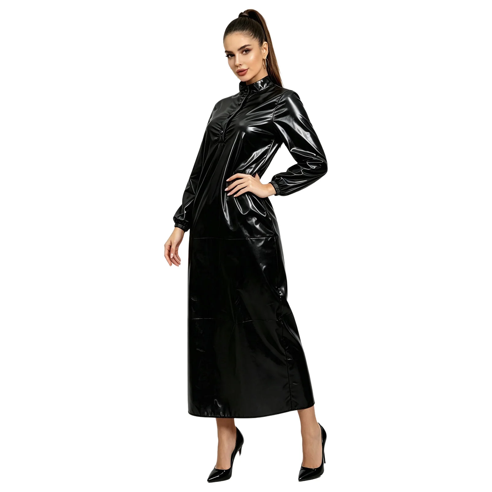 Women Long Sleeve Glossy Vinyl Dress Stand Collar Button Waterproof Sleep Dress Cover Up Swimwear Clubwear for Rave
