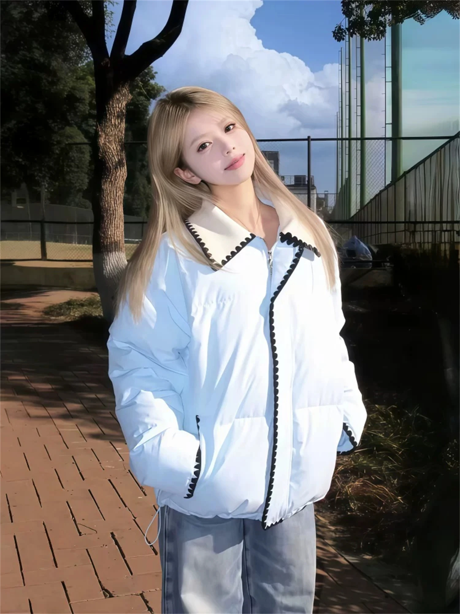 Vintage Retro Contrast Peter Pan Collar Shell Stitch Puffer Jacket Women Oversized Fall Winter Streetwear Outerwear