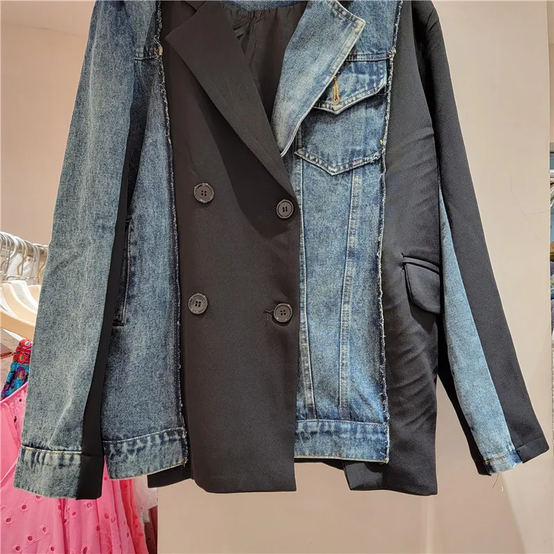 Tannt Women Blazer Asymmetry Denim Patchwork Vintage Blazers Jacket Irregular Color Matching Fashion Suit Coats Women 2023 New