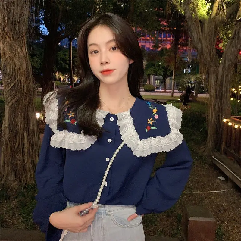 Spring New Embroidery Patchwork Top Shirt Long Sleeve Solid Peter Pan Collar Loose Blouse Fashion Youth Sweet Women Clothes