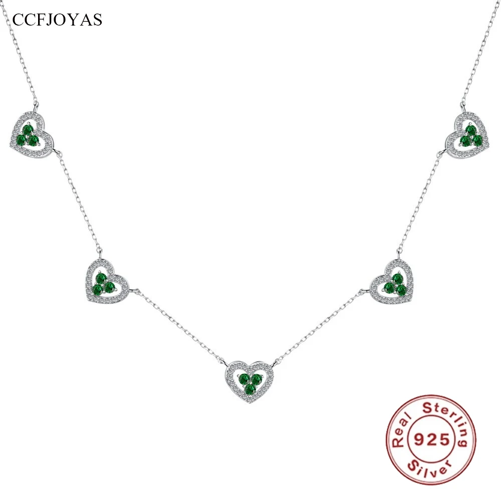 

CCFJOYAS Korean Style INS 925 Sterling Silver Heart-shaped Clavicle Chain for Women White/Green/Rose red Zircon Love Necklace