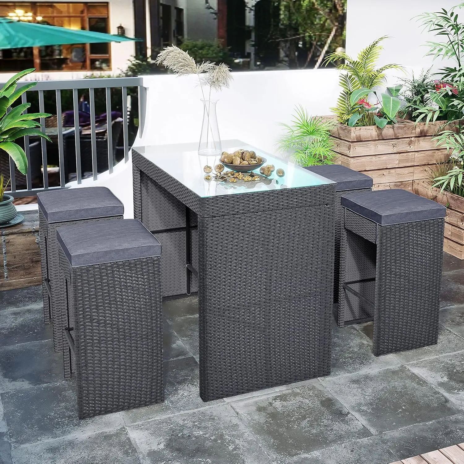 5-Piece Rattan Outdoor Patio Furniture Set Bar Dining Table Set With 4 Stools, Gray Cushion+Gray Wicker