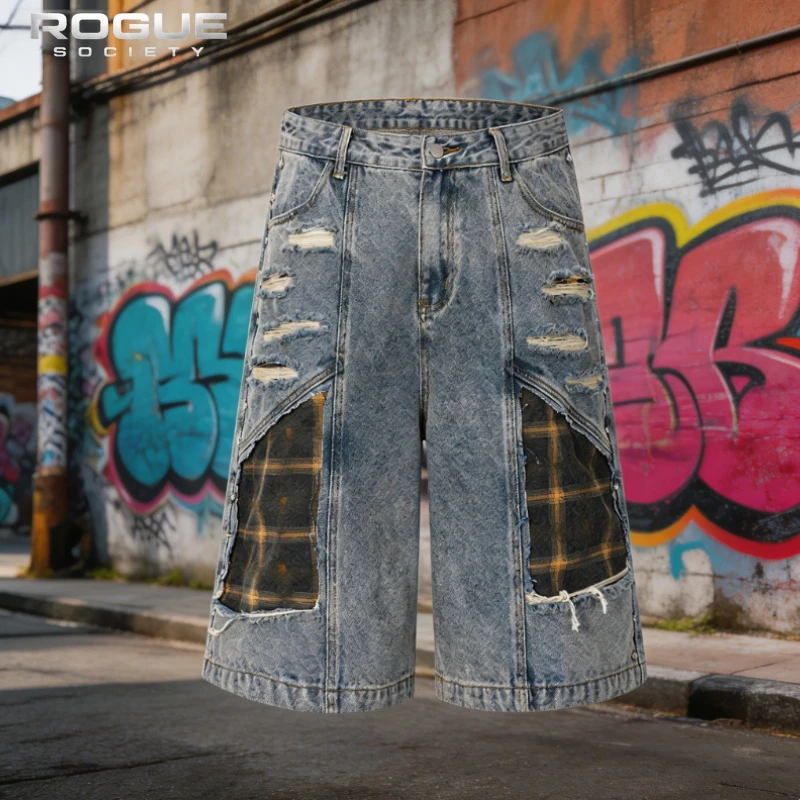 Nuevos Shorts Vaqueros Retro Americanos Holgados con Parches Desgastados para Hombre, Estilo Industrial, Lavado Grunge, Streetwear Y2K, Jeans de Verano Unisex