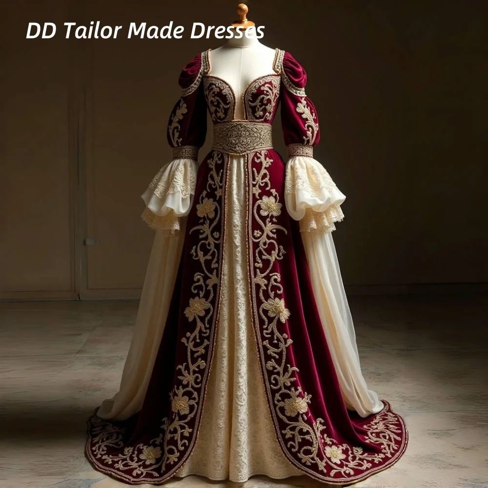 فستان حفلة موسيقية ملكي مهيب مستوحى من القفطان الجزائري باللون العنابي، فستان سهرة مطرز بالدانتيل، فستان زفاف مخصص بأكمام طويلة