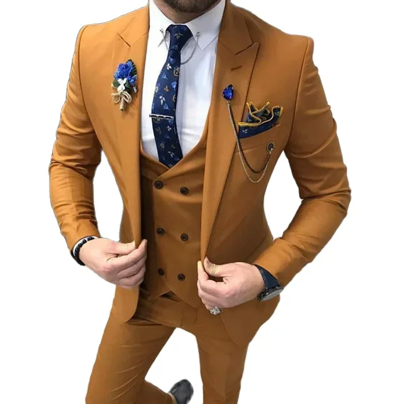 Slim Fit Men Suits Casual Style Brown Male Fashion Wedding Tuxedo For Groomsmen Dinner 3 Piece Jacket With Vest Pants