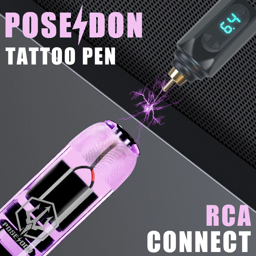 Pluma de tatuaje transparente púrpura POSEIDON, pistola de tatuaje para maquillaje permanente, máquina de tatuaje inalámbrica, fuente de alimentación