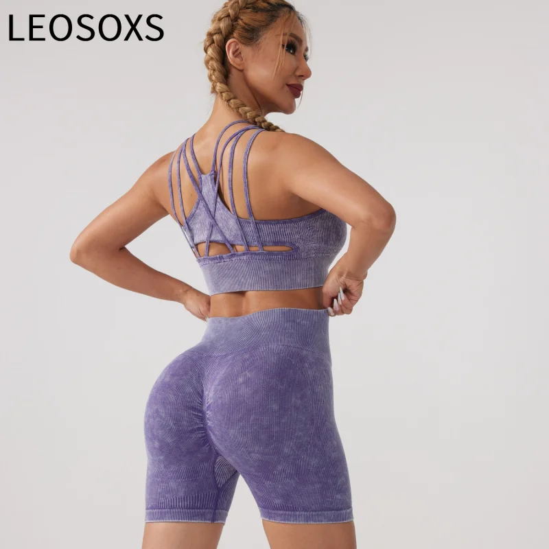 LEOSOXS Yoga Sport Set Women Seamless Crop Top Bra Shorts Yoga Set Comfort Elastic Sportsuit Workout Outfit Fitness Gym Clothes