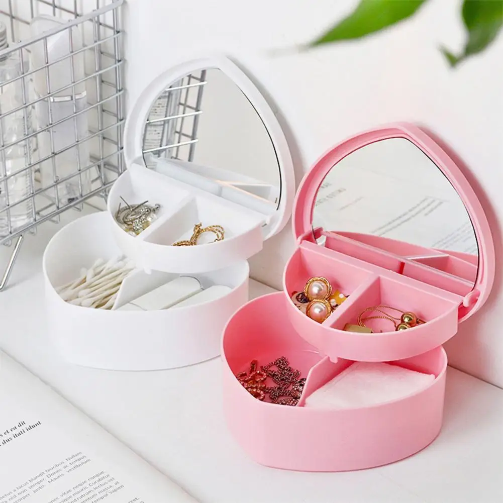 

Jewelry Box with Makeup Mirror Heart Shape Plastic Girly Style Earrings Necklaces Storage Case Daily Use