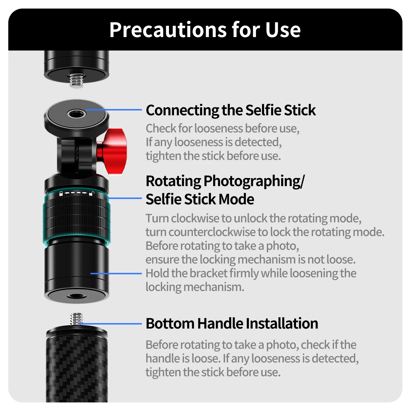 Aluminium-Kamerahalterung Schwenk- und Neigbar ARRI-Ausrüstung Verstellbarer Kugelkopf für DJI Action-Kamera Panorama-Selfie-Stick Stativ Einbeinstativ – Detail 13