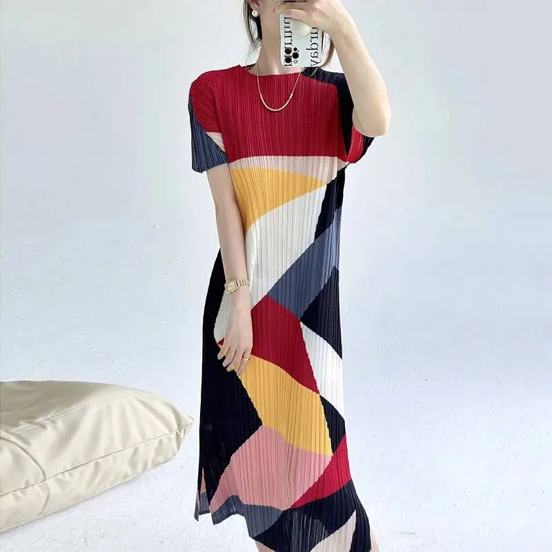Colorblock Geometric Printting Pleated Women's Summer Dress 2025 New Elegant Elastic Slim Short Sleeve Dresses 2G29A