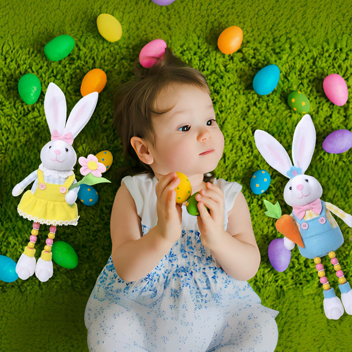 Set of 2 Easter Bunny Couple, Handmade Rabbit with Carrot/flower Figurine, Tabletop Statues, Cute Photo Props Gifts Home Decor