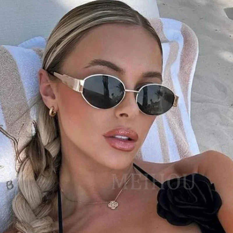 Fashionable metal frame sunglasses, women's oval sunglasses, 2024, luxury brand designer, women's classic retro round sunglasses