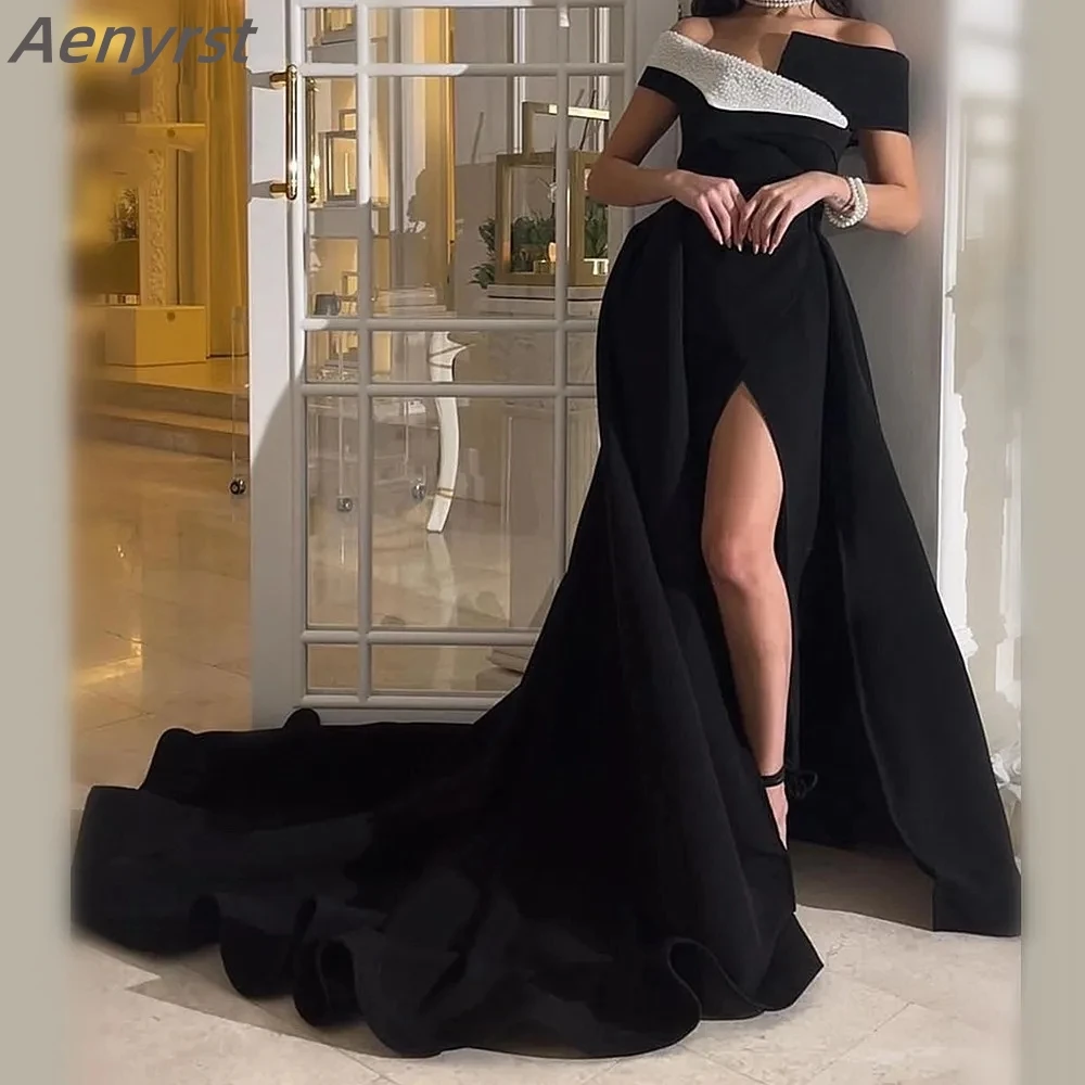 

Aenyrst Black Mermaid Sexy Off Shoulder Beaded Plus Size Prom Gowns High Slit Evening Party Dresses Custom Vestidos De Fiesta