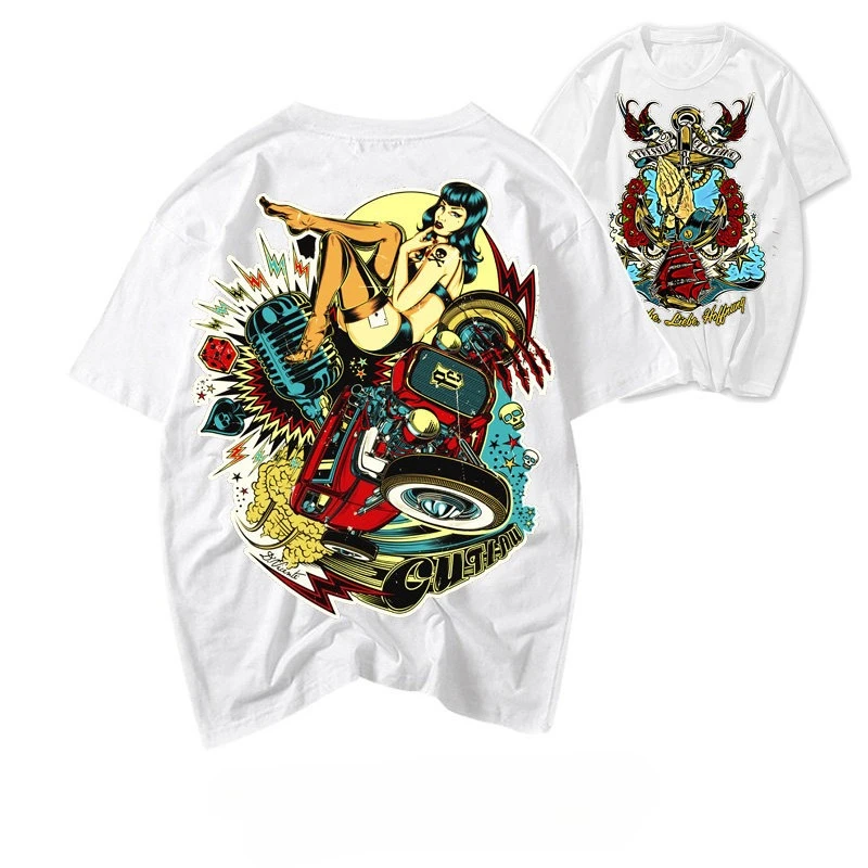 Camiseta de manga corta estilo japonés de verano, estilo retro americano envejecido, para motociclistas, punk, para chicos durones, con personalidad rockera, tendencia masculina urbana.
