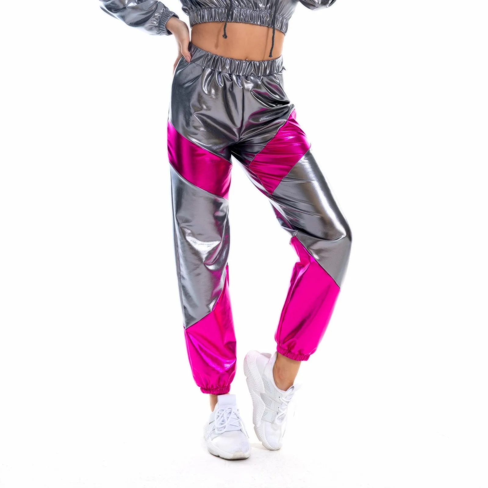 Glänzende Streetwear Frauen lange Hosen 2024 Mode Hip Hop Hose mit Taschen coole Patchwork elastische hohe Taille Pantalones