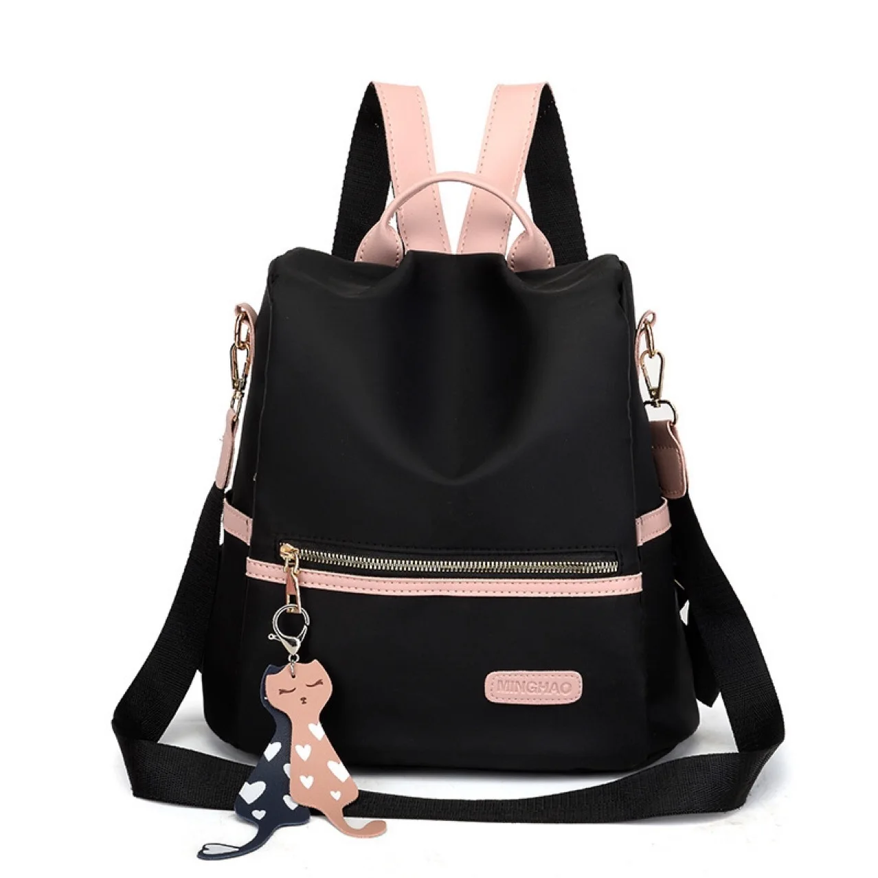 Women Nylon Backpack With Cat Pendant Detachable Shoulder Strap Multi Pocket Lightweight Casual Travel School Bag